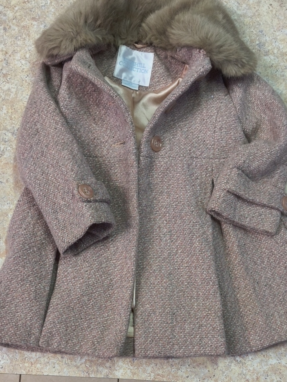 Edgehill Collection Pink Tweed Pea Coat with Faux Fur Collar Sz 18 Months GUC.